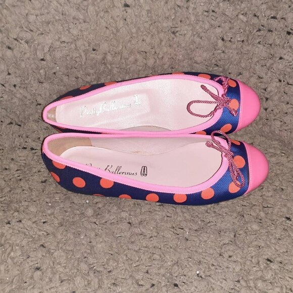 PRETTY BALLERINAS-Rosario-Neon Pink/Orange Polka Dots-Navy Blue-Sz 36-Near MInt - Picture 6 of 7